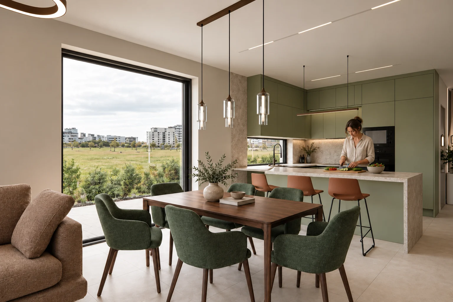 Lifestyle image of the kitchen and dining area: a woman slicing vegetables behind the kitchen island, with the wooden dining table and green upholstered chairs in the foreground