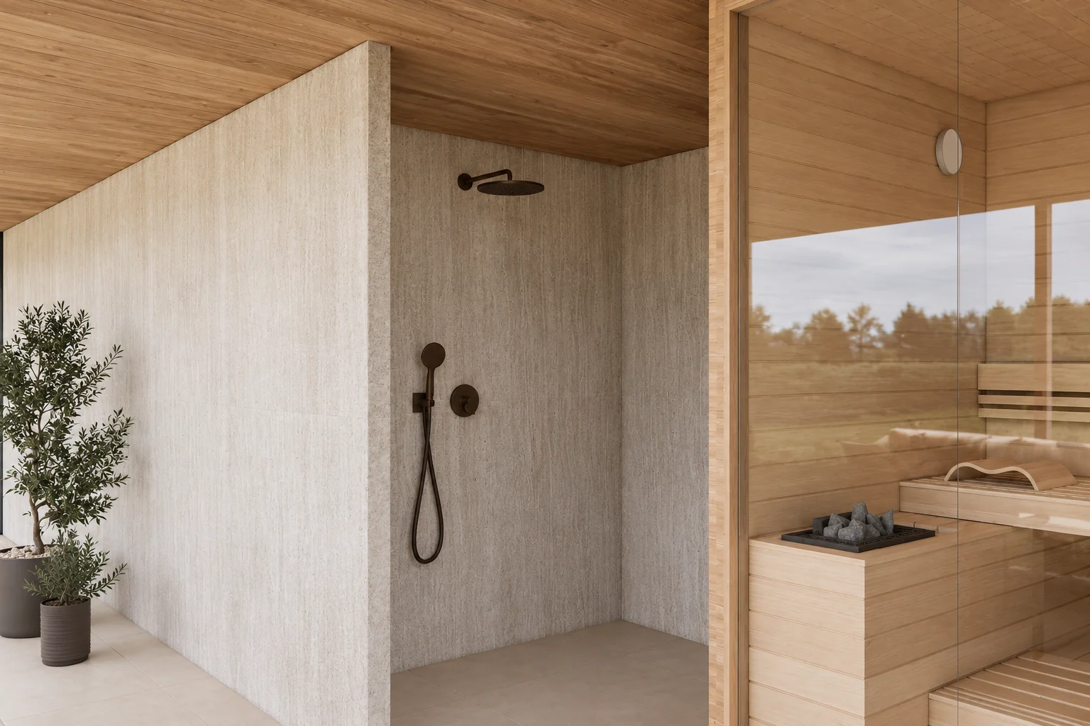 Outdoor shower with wood cladding and the sauna beside it