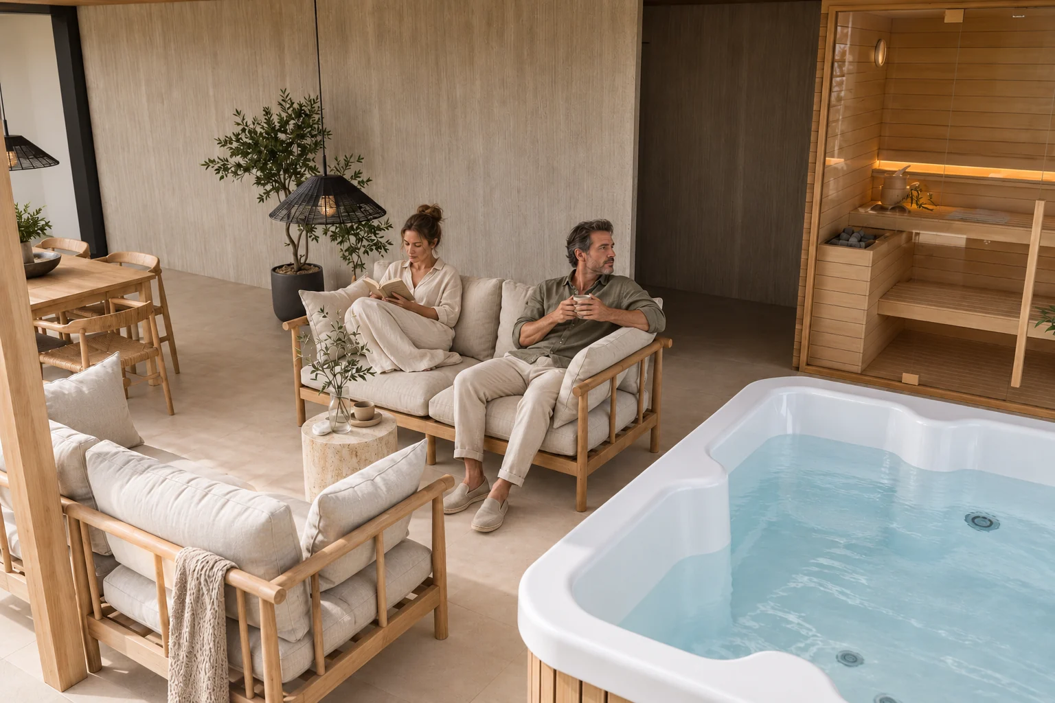 Lifestyle image of the terrace: a couple relaxing on the wood-framed sofa, with the hot tub and the sauna beside them