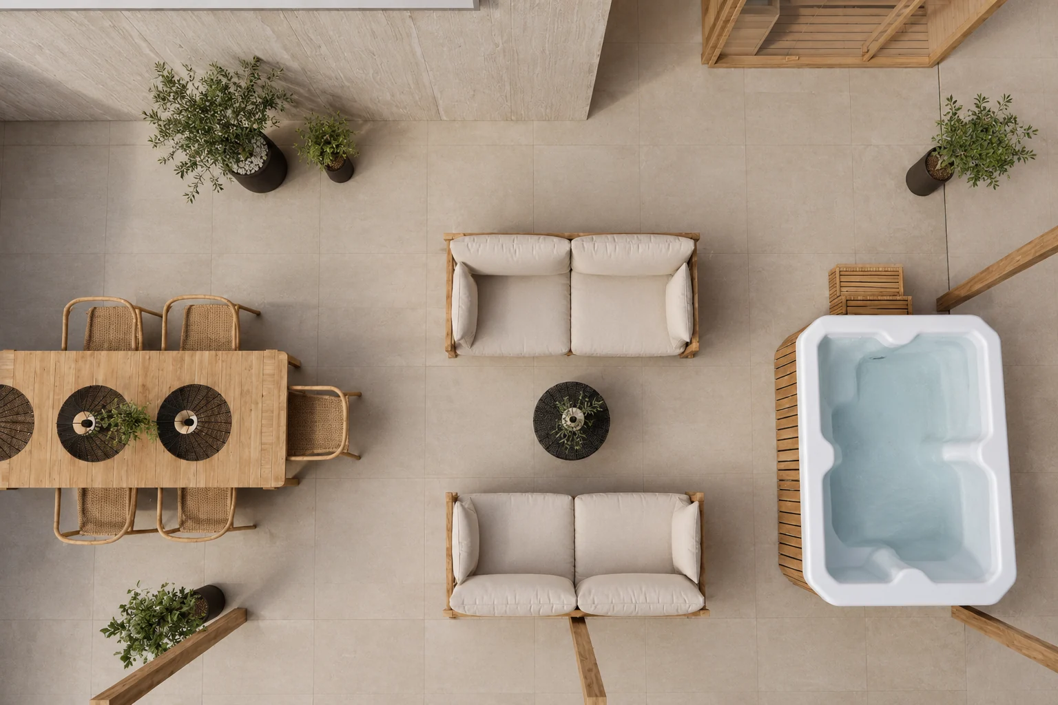 Top view of the terrace with a dining area, a lounge area and a hot tub