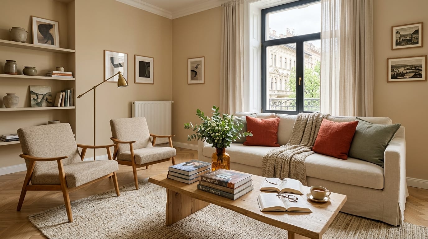 A neutral beige living room with terracotta and sage-green accent cushions